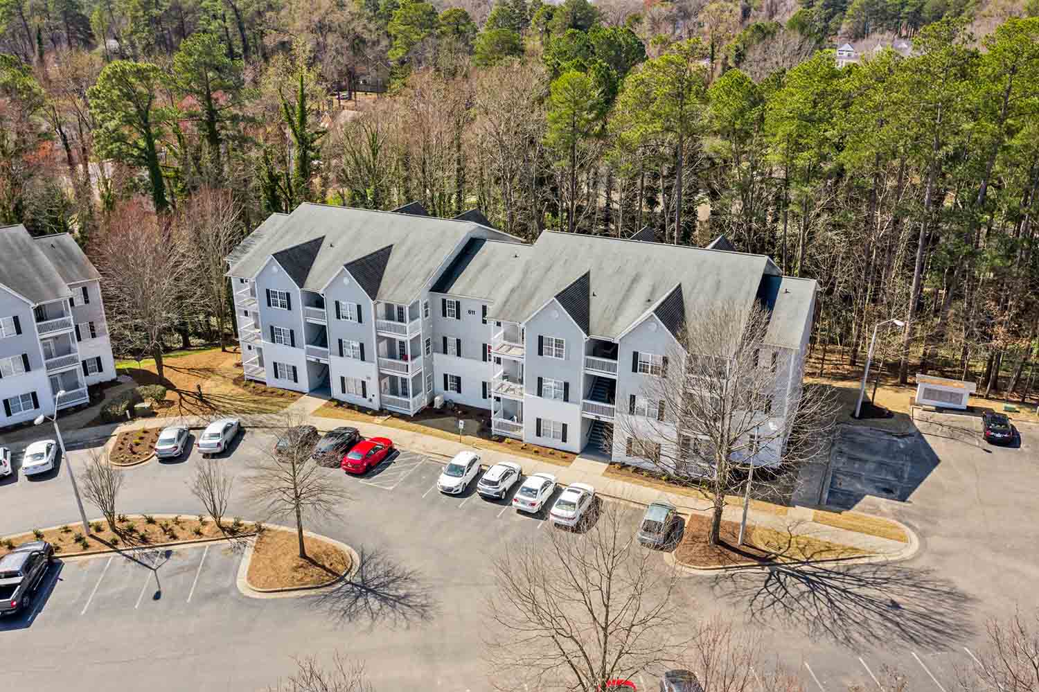 Blue hill top view of the building and parking lot