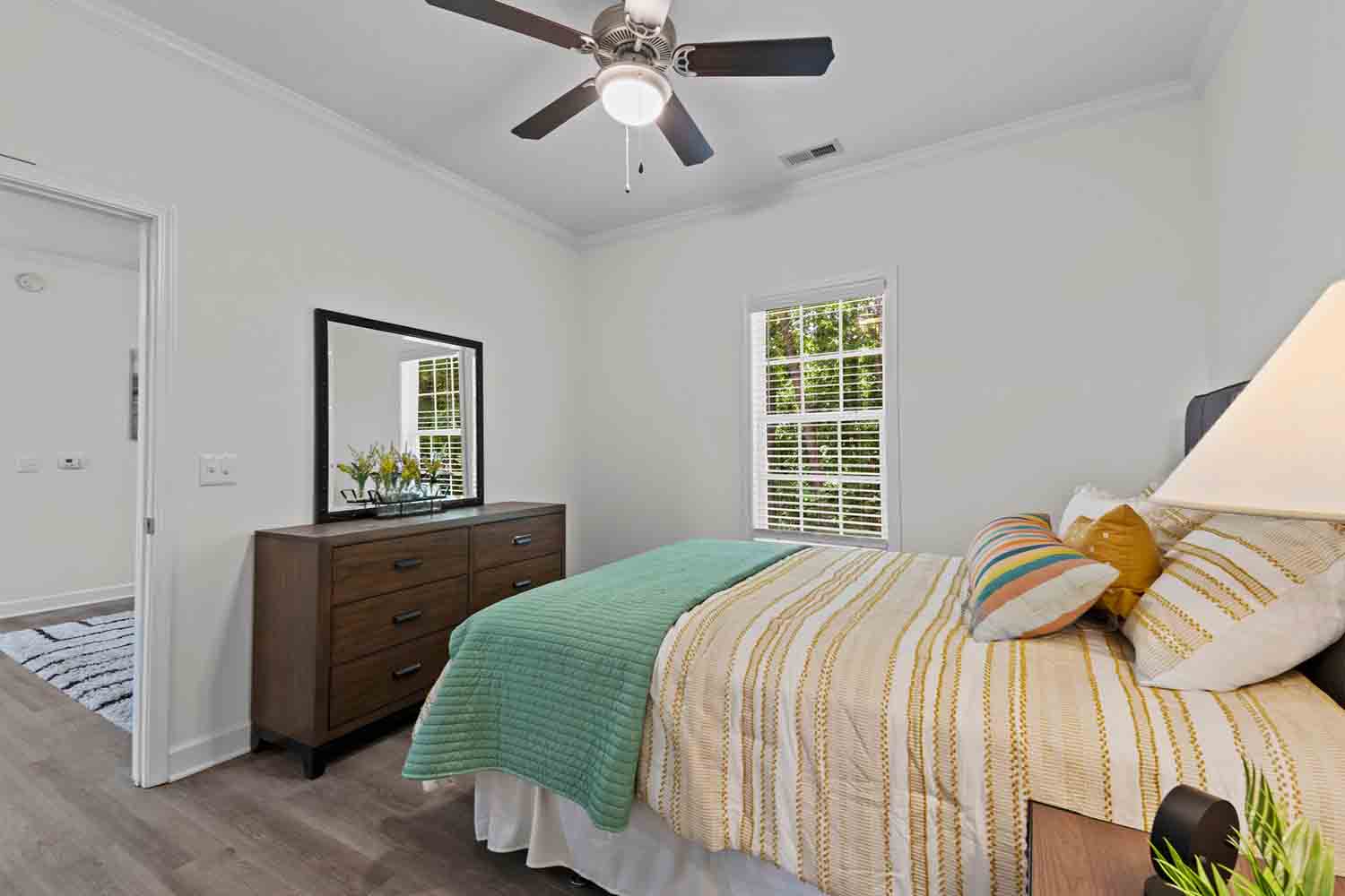 blue hill bedroom with dresser