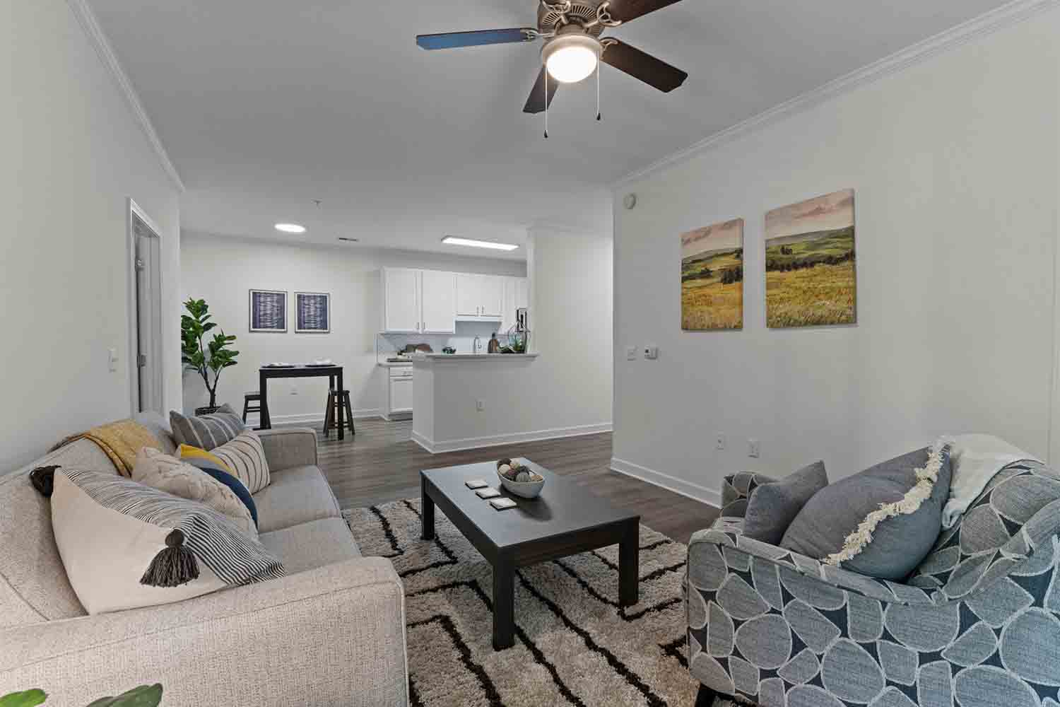 living room overlooking the dining area and kitchen